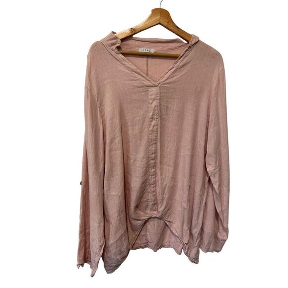 Saga Blush Pink 100% linen Italy Asymmetrical V-Neck Adjustable Cuff Blouse Size - Picture 3 of 16